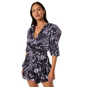 MISA Lilah Mini Dress Indigo Vines Puff Sleeve Smocked Waist Floral Feminine